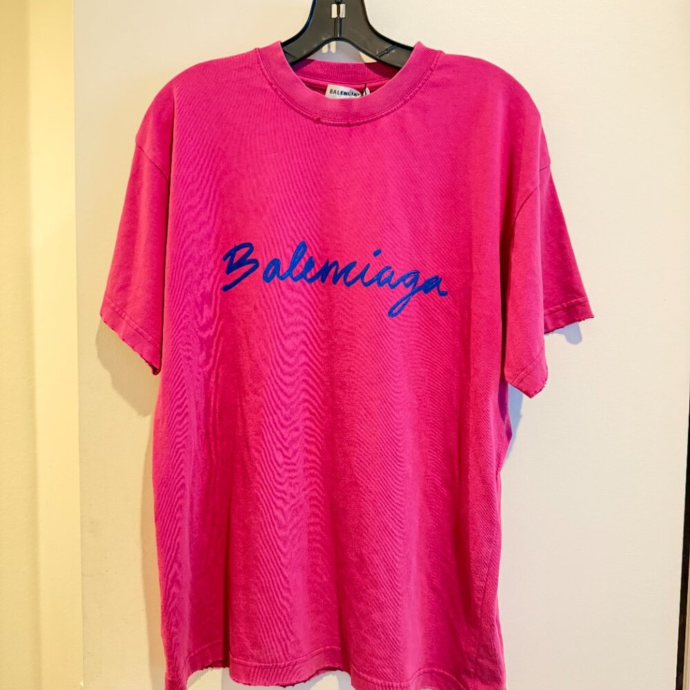 NWT Balenciaga Distressed Oversized Unisex T-Shirt Dark Fuchsia Small Cotton - Picture 5 of 11
